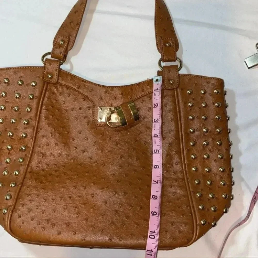 Expressions NYC Tote Bag Large‎ Brown Ostrich Embossed Studded Padlock Accent